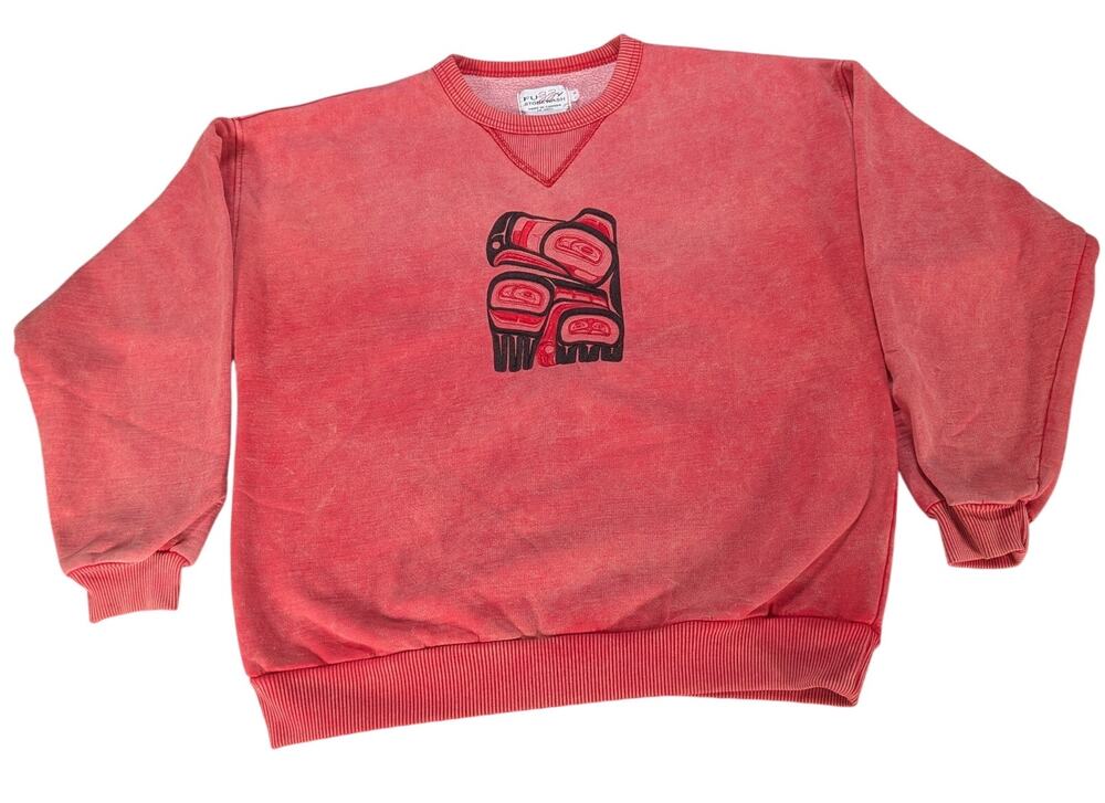VTG Fuzzy Stonewash Red Bear Graphic Crewneck Sweatshirt S 90s Canada Cotton